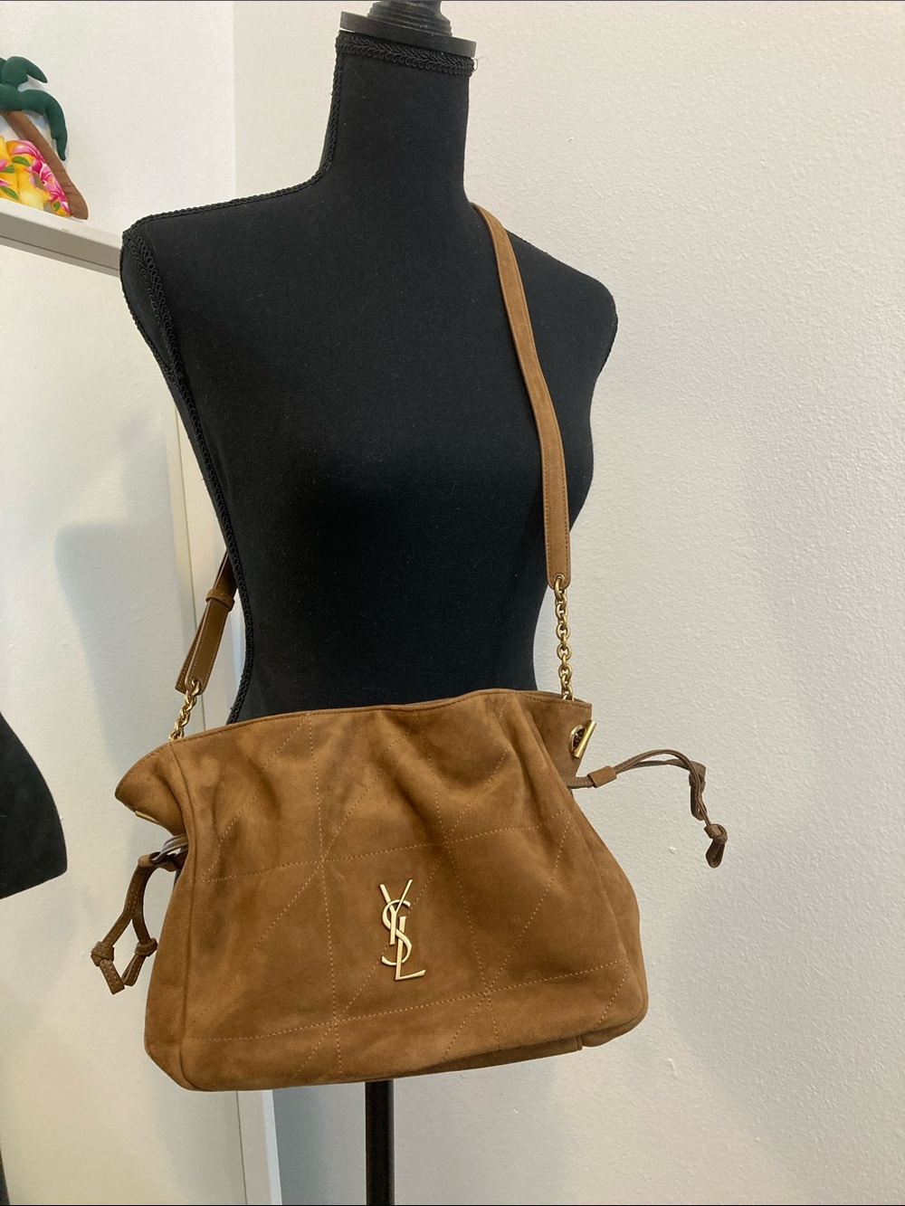 Saint Laurent Tan Suede Drawstring Shoulder Bag with Gold YSL